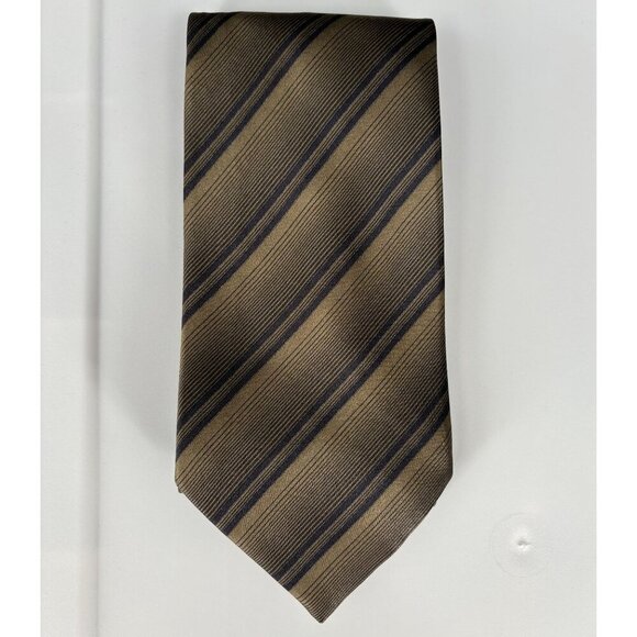 Brioni Mens Striped Silk Tie Tan Navy Hand Made in Italy Career Office Business - Picture 2 of 7